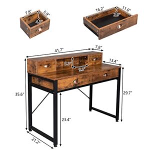 KOILYS Computer Desk with Drawers and Monitor Stand, 42" Home Office Study Writing Desk, Industrial Laptop Desk Workstation, Small Writing Desk with 4 Drawers for Small Place