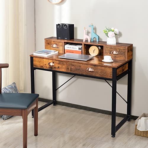 KOILYS Computer Desk with Drawers and Monitor Stand, 42" Home Office Study Writing Desk, Industrial Laptop Desk Workstation, Small Writing Desk with 4 Drawers for Small Place