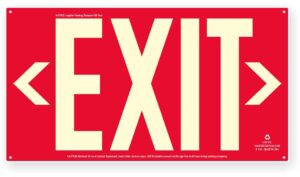 osha 100 ft photoluminescent exit sign | uv inks on aluminum | heat resistant | cold tolerant | weather proof. (directional arrows included) | nightbright usa part number ldr-100