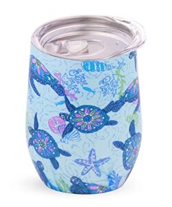 vera bradley insulated wine tumbler, 12 ounce travel cup, blue stainless steel tumbler with lid, turtle dream