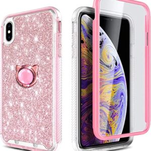 NGB Supremacy Compatible with iPhone XR Case with [Built-in Screen Protector] Ring Holder/Wrist Strap, Full Body Protection Slim Fit Shockproof Bumper Durable Case Cover (Rose Gold)