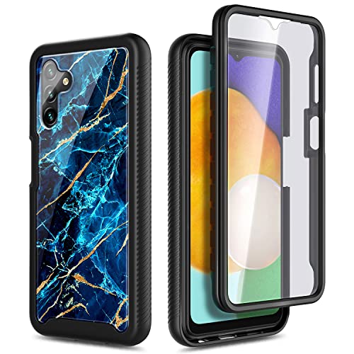 NZND Compatible with Samsung Galaxy A14 5G Case with [Built-in Screen Protector], Full-Body Protective Shockproof Rugged Bumper Cover, Impact Resist Durable Phone Case (Marble Design Sapphire)