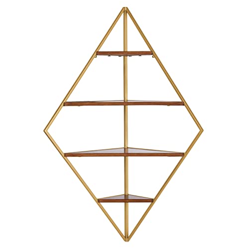 Kate and Laurel Melora Mid-Century Modern Corner Shelf, 24 x 38 x 17, Walnut and Gold, Glamorous Floating Corner Shelving with Four Shelves and Unique Geometric Shape