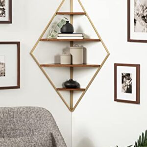Kate and Laurel Melora Mid-Century Modern Corner Shelf, 24 x 38 x 17, Walnut and Gold, Glamorous Floating Corner Shelving with Four Shelves and Unique Geometric Shape