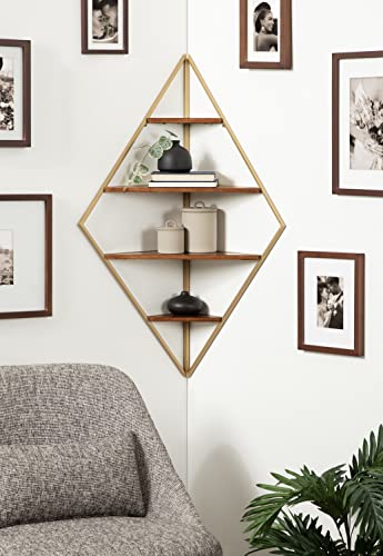 Kate and Laurel Melora Mid-Century Modern Corner Shelf, 24 x 38 x 17, Walnut and Gold, Glamorous Floating Corner Shelving with Four Shelves and Unique Geometric Shape