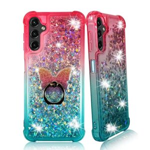 Zase Samsung A14 5G Clear Phone Case Liquid Glitter Sparkly Cute Floating 3D Butterflies Bling Design for Galaxy A14 Shockproof Waterfall Quicksand w/Phone Ring Holder (Gradient Pink Aqua)