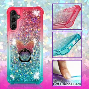 Zase Samsung A14 5G Clear Phone Case Liquid Glitter Sparkly Cute Floating 3D Butterflies Bling Design for Galaxy A14 Shockproof Waterfall Quicksand w/Phone Ring Holder (Gradient Pink Aqua)