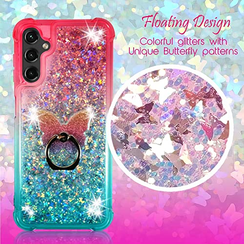 Zase Samsung A14 5G Clear Phone Case Liquid Glitter Sparkly Cute Floating 3D Butterflies Bling Design for Galaxy A14 Shockproof Waterfall Quicksand w/Phone Ring Holder (Gradient Pink Aqua)