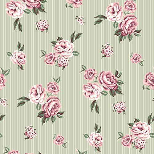 Texco Inc Wool Dobby Medium Flowers/Vertical Stripes Pattern/100% Poly No Stretch Prints Woven Decoration Apparel Home/DIY Fabric, Sage Rose 1 Yard