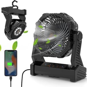 portable rechargeable fan with light, 10000mah battery operated tent fan with light & hook, 270° pivot, 3 speeds, personal usb table fan for camping, power outage, hurricane, jobsite