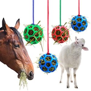 woiworco 4 packs horse treat balls, hay balls for horses and goats, horse stall toys for boredom horses, slow feed hay balls, goat toys hanging feeding balls for horses goats to play with, and feeding