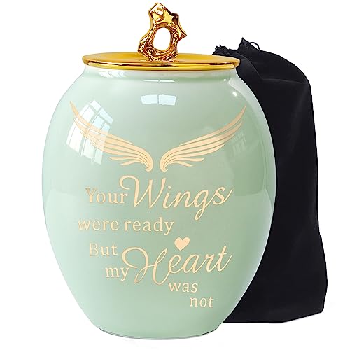 LINES ARTE Medium Urns for Human Ashes Adult Female, 6.7x5.2 Inch Medium Size Urn for Mom/Sister/Women with Green Angel Wings, Ceramic Cremation Urns for Ashes Adult Female