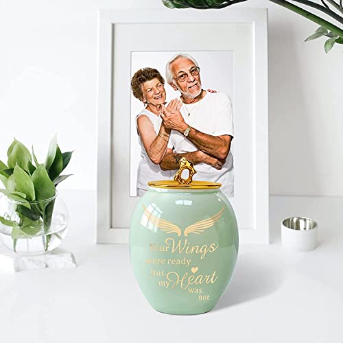 LINES ARTE Medium Urns for Human Ashes Adult Female, 6.7x5.2 Inch Medium Size Urn for Mom/Sister/Women with Green Angel Wings, Ceramic Cremation Urns for Ashes Adult Female