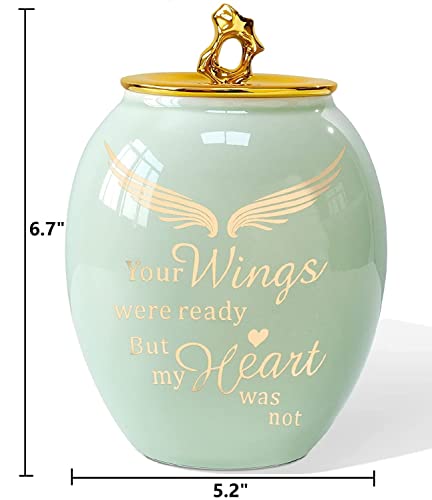 LINES ARTE Medium Urns for Human Ashes Adult Female, 6.7x5.2 Inch Medium Size Urn for Mom/Sister/Women with Green Angel Wings, Ceramic Cremation Urns for Ashes Adult Female