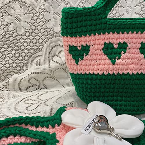 XBWEI Handmade Store Wool Knitting Bag Pink and Green Clash Design Love Hand Crochet Handbag (Color : D, Size : 1)