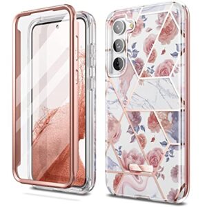 SURITCH for Samsung Galaxy S23 Plus Case, [Built-in Screen Protector] [Dual-Layer Protection ] Full Protection Shockproof Rugged Bumper Phone Cover for Samsung S23 Plus 6.6 Inch - Rose Marble