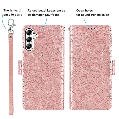 Bizzib for Samaung Galaxy A14 5G Case Wallet,Embossed Mandala Floral Leather Folio Flip Wristlet Shockproof Protective ID Credit Card Slot Holder Cover for Girl Compatible with Galaxy A14 5G-Rose Gold