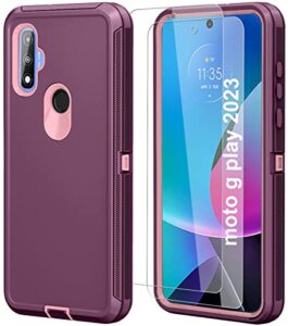 qinmay for moto g play 2023 case with hd screen protector (2 packs),motorola moto g play 2023 phone case 3 in 1 heavy duty armor shockproof phone case for motorola moto g play 2023 (winered pink)