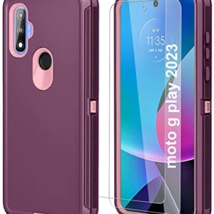 Qinmay for Moto G Play 2023 Case with HD Screen Protector (2 Packs),Motorola Moto G Play 2023 Phone Case 3 in 1 Heavy Duty Armor Shockproof Phone Case for Motorola Moto G Play 2023 (WineRed Pink)