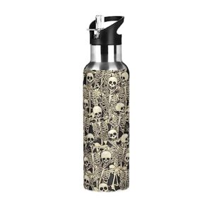 alaza gothic skull skeleton water bottle with straw lids boys girls,vacuum insulated leakproof stainless-steel sports bottle thermal flask for gym yoga camping,20oz (600ml)