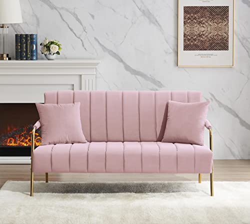 Majnesvon 61" Modern Velvet Loveseat Sofa,Upholstery Love Seat Couches with Tufted Backrest,Golden Metal Legs,Accent Sofa for Living Room Bedroom Apartment Office (Pink)