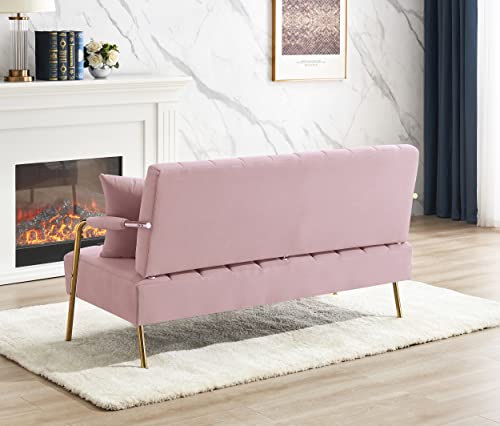 Majnesvon 61" Modern Velvet Loveseat Sofa,Upholstery Love Seat Couches with Tufted Backrest,Golden Metal Legs,Accent Sofa for Living Room Bedroom Apartment Office (Pink)