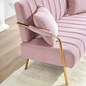 Majnesvon 61" Modern Velvet Loveseat Sofa,Upholstery Love Seat Couches with Tufted Backrest,Golden Metal Legs,Accent Sofa for Living Room Bedroom Apartment Office (Pink)