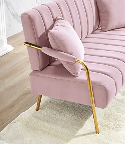 Majnesvon 61" Modern Velvet Loveseat Sofa,Upholstery Love Seat Couches with Tufted Backrest,Golden Metal Legs,Accent Sofa for Living Room Bedroom Apartment Office (Pink)