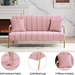 Majnesvon 61" Modern Velvet Loveseat Sofa,Upholstery Love Seat Couches with Tufted Backrest,Golden Metal Legs,Accent Sofa for Living Room Bedroom Apartment Office (Pink)