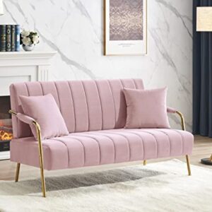 Majnesvon 61" Modern Velvet Loveseat Sofa,Upholstery Love Seat Couches with Tufted Backrest,Golden Metal Legs,Accent Sofa for Living Room Bedroom Apartment Office (Pink)