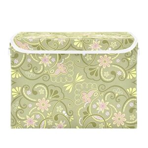 stargrass foldable storage bin fabric decorative storage box with lid and handles,green flower totem collapsible storage basket 11.8x12.6x16.5 inch