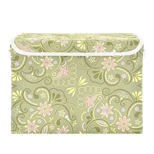 stargrass Foldable Storage Bin Fabric Decorative Storage Box with Lid and Handles,Green Flower Totem Collapsible Storage Basket 11.8x12.6x16.5 Inch