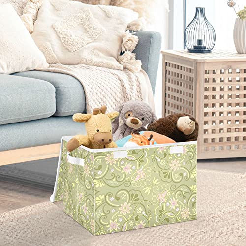 stargrass Foldable Storage Bin Fabric Decorative Storage Box with Lid and Handles,Green Flower Totem Collapsible Storage Basket 11.8x12.6x16.5 Inch