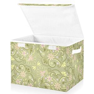 stargrass Foldable Storage Bin Fabric Decorative Storage Box with Lid and Handles,Green Flower Totem Collapsible Storage Basket 11.8x12.6x16.5 Inch