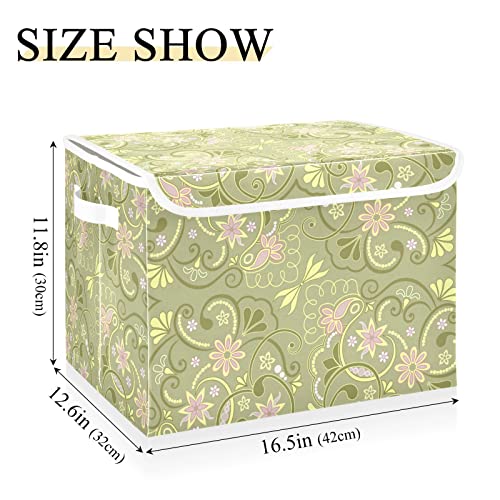 stargrass Foldable Storage Bin Fabric Decorative Storage Box with Lid and Handles,Green Flower Totem Collapsible Storage Basket 11.8x12.6x16.5 Inch