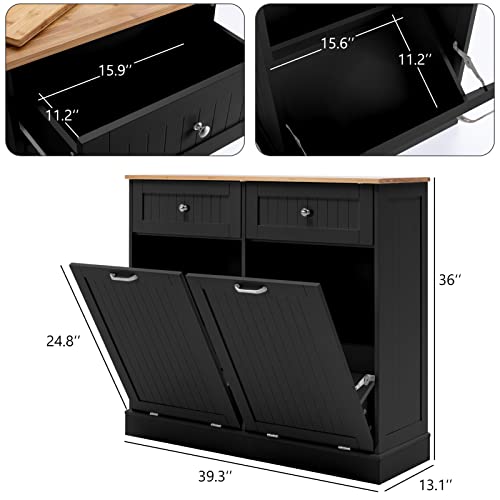 Double Tilt Out Trash Cabinet 20 Gallon, Freestanding Wooden Kitchen Trash Recycling Cabinet with Drawer & Removable Cutting Board, Dog Proof Trash Can Cabinet, Black