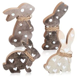 4 pieces easter bunny wooden sign, bunny shape easter decorations tabletop rabbit decor with jute rope freestanding farmhouse rabbit tiered tray decor for spring party desk office gift table home