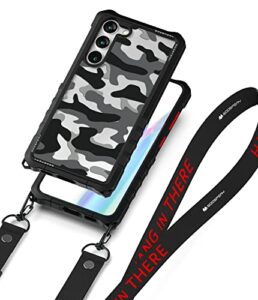 goospery z bumper crossbody compatible with s23 plus case [strap included] shock absorbing dual layer structure tpu edge crystal clear pc cover with shoulder strap outdoor design, camo