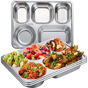 cezoyx 4 pack stainless steel divided trays, 5 section divided dinner plates rectangular 304 steel section control plates for adults, kids, campers, diet food portion control