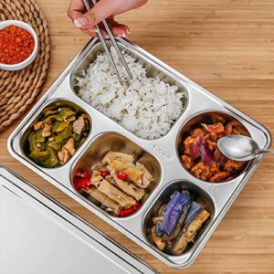 Cezoyx 4 Pack Stainless Steel Divided Trays, 5 Section Divided Dinner Plates Rectangular 304 Steel Section Control Plates for Adults, Kids, Campers, Diet Food Portion Control