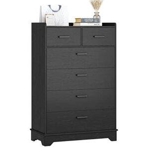 ephex modern dresser with 6 drawers, wood rustic tall chest of drawers, black storage dressers organizer for bedroom, living room, hallway (ddb01)