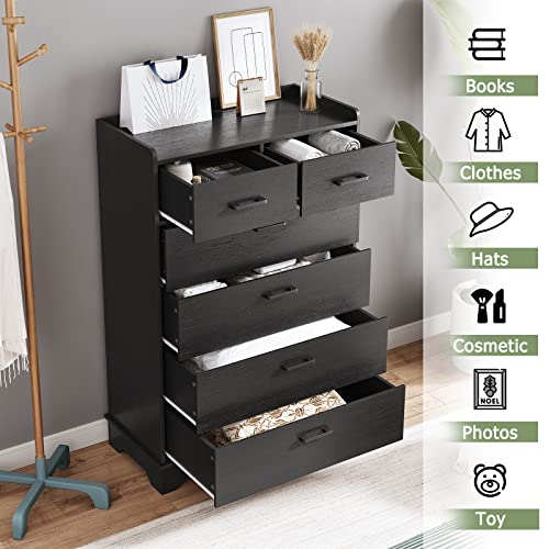 EPHEX Modern Dresser with 6 Drawers, Wood Rustic Tall Chest of Drawers, Black Storage Dressers Organizer for Bedroom, Living Room, Hallway (DDB01)