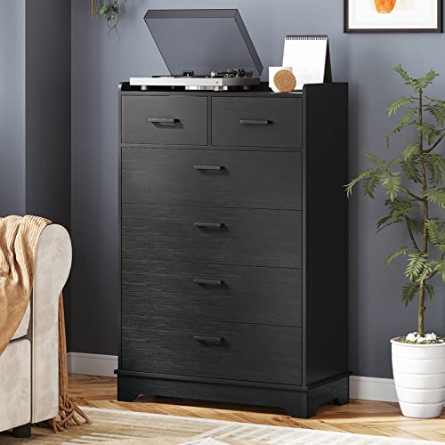 EPHEX Modern Dresser with 6 Drawers, Wood Rustic Tall Chest of Drawers, Black Storage Dressers Organizer for Bedroom, Living Room, Hallway (DDB01)
