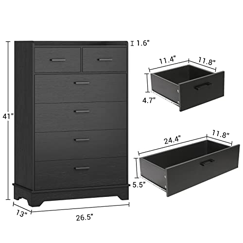 EPHEX Modern Dresser with 6 Drawers, Wood Rustic Tall Chest of Drawers, Black Storage Dressers Organizer for Bedroom, Living Room, Hallway (DDB01)