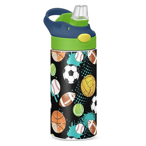 GOODOLD Sports Ball Kids Water Bottle, Insulated Stainless Steel Water Bottles with Straw Lid, 12 oz BPA-Free Leakproof Duck Mouth Thermos for Boys Girls