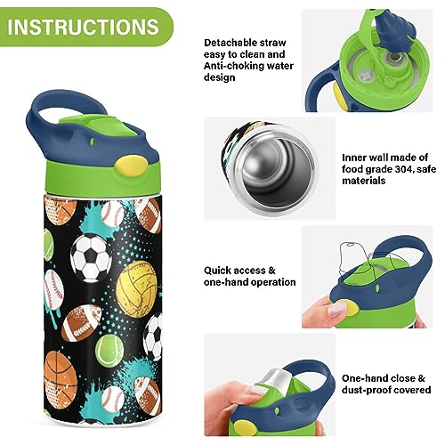 GOODOLD Sports Ball Kids Water Bottle, Insulated Stainless Steel Water Bottles with Straw Lid, 12 oz BPA-Free Leakproof Duck Mouth Thermos for Boys Girls