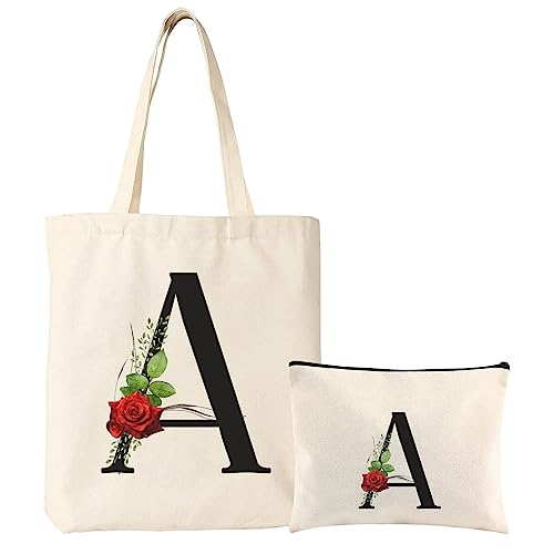 DERTE Initial Floral Tote Bag Personalized Letter Canvas Cosmetic Makeup Bag Monogrammed Gift Beach Bags for Women Bridesmaids Birthday Wedding Bridal Shower (Letter A)