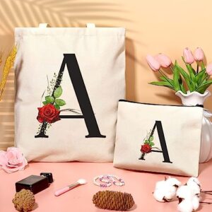 DERTE Initial Floral Tote Bag Personalized Letter Canvas Cosmetic Makeup Bag Monogrammed Gift Beach Bags for Women Bridesmaids Birthday Wedding Bridal Shower (Letter A)