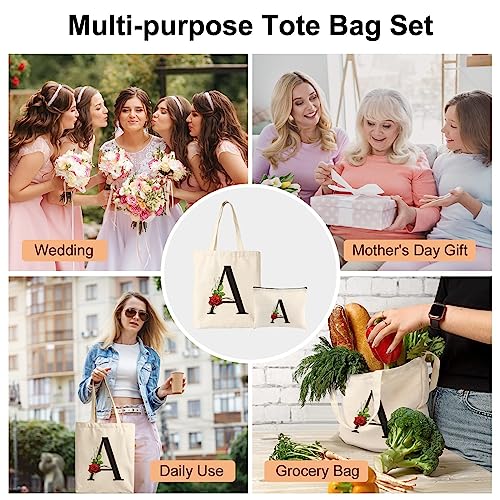 DERTE Initial Floral Tote Bag Personalized Letter Canvas Cosmetic Makeup Bag Monogrammed Gift Beach Bags for Women Bridesmaids Birthday Wedding Bridal Shower (Letter A)