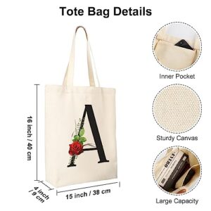 DERTE Initial Floral Tote Bag Personalized Letter Canvas Cosmetic Makeup Bag Monogrammed Gift Beach Bags for Women Bridesmaids Birthday Wedding Bridal Shower (Letter A)